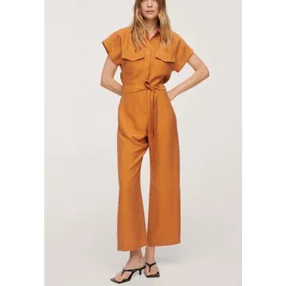Mango Lyocell Jumpsuit With Belt Straight Leg Utility Pockets Mustard Size XXL - Picture 3 of 13